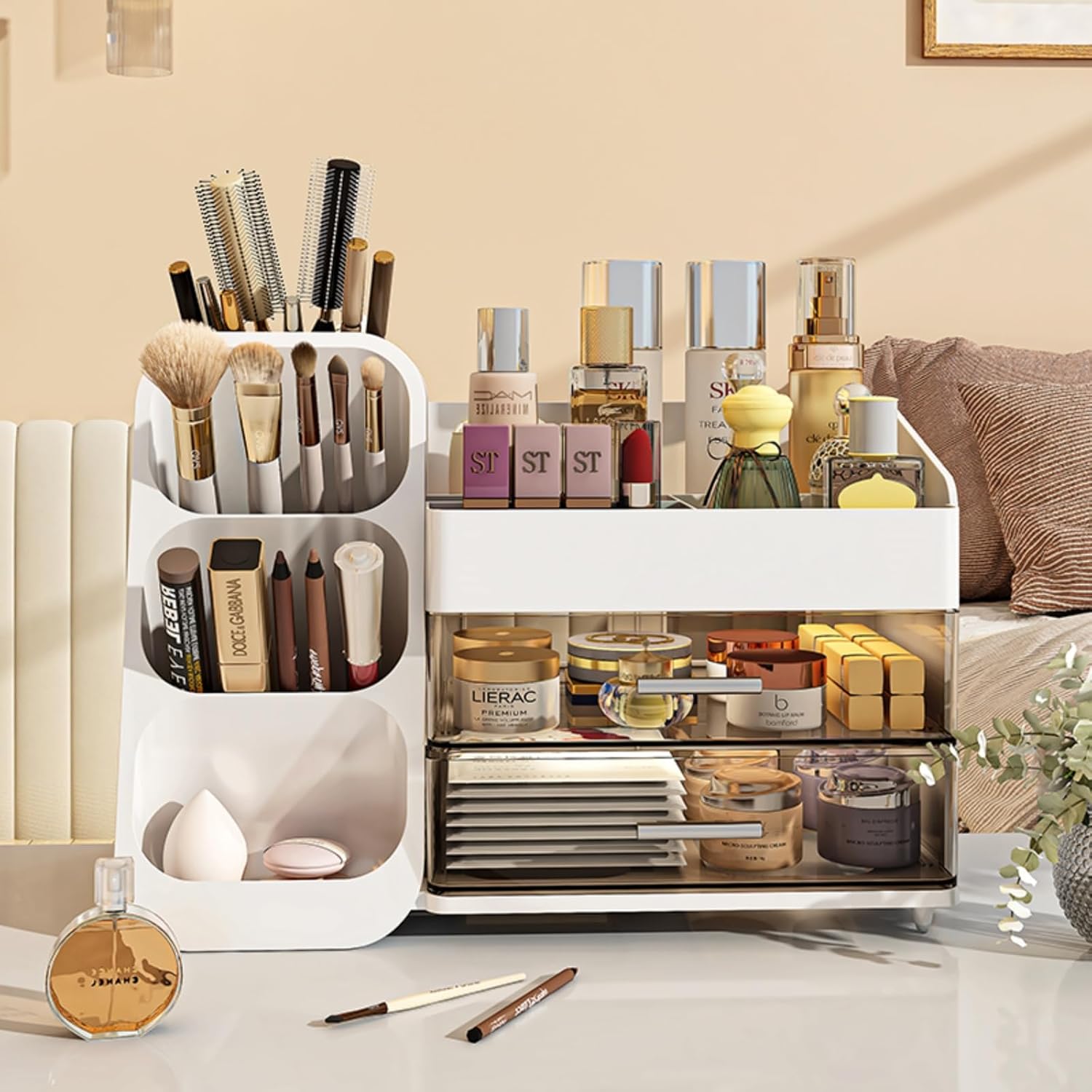 BAODELI Large Makeup Organizer with Brush Holder, White photo 4