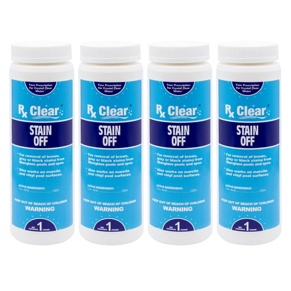 Rx Clear Stain Off Pool Stain Remover Liquid, 1 lb Bottle, 4 Pack