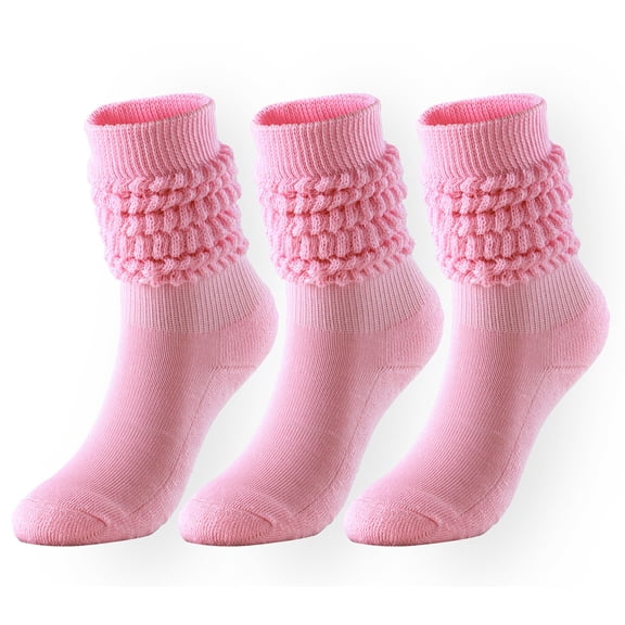 PWPSG 3 Pairs Solid Colors Slouch Socks for Women Mid Calf Boot Socks Casual Scrunch Crew Sock Soft Stacked Sock Pink Free Size
