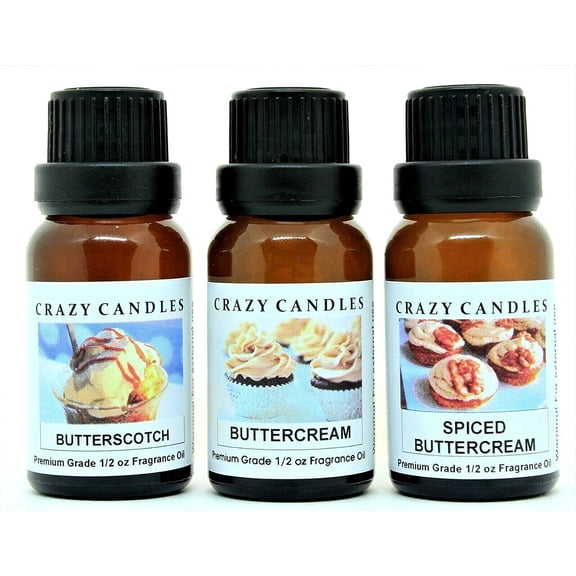 Crazy Candles 3 Bottles Set, 1 Butterscotch, 1 Buttercream, 1 Spiced Buttercream 1/2 Fl Oz Each (15ml) Premium Grade Scented Fragrance Oils