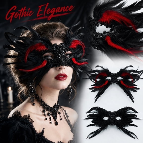 Red Halloween Masquerade Mask for Women with Black Feathers and Lace Half Mask, Elegant Mask for Masquerade Party And, Adult Halloween Party Favors Gift for Halloween Birthday
