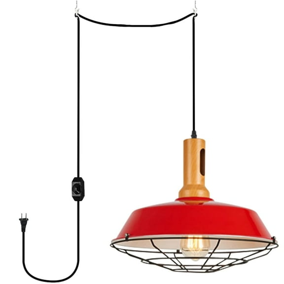 KAYYELAMP 15 Feet Dimmable Switch Plug in Cable Wood Base Red Metal Shade Vintage Design Metal Hanging Lamp for Kitchen Bar Bedsides(No Bulb)