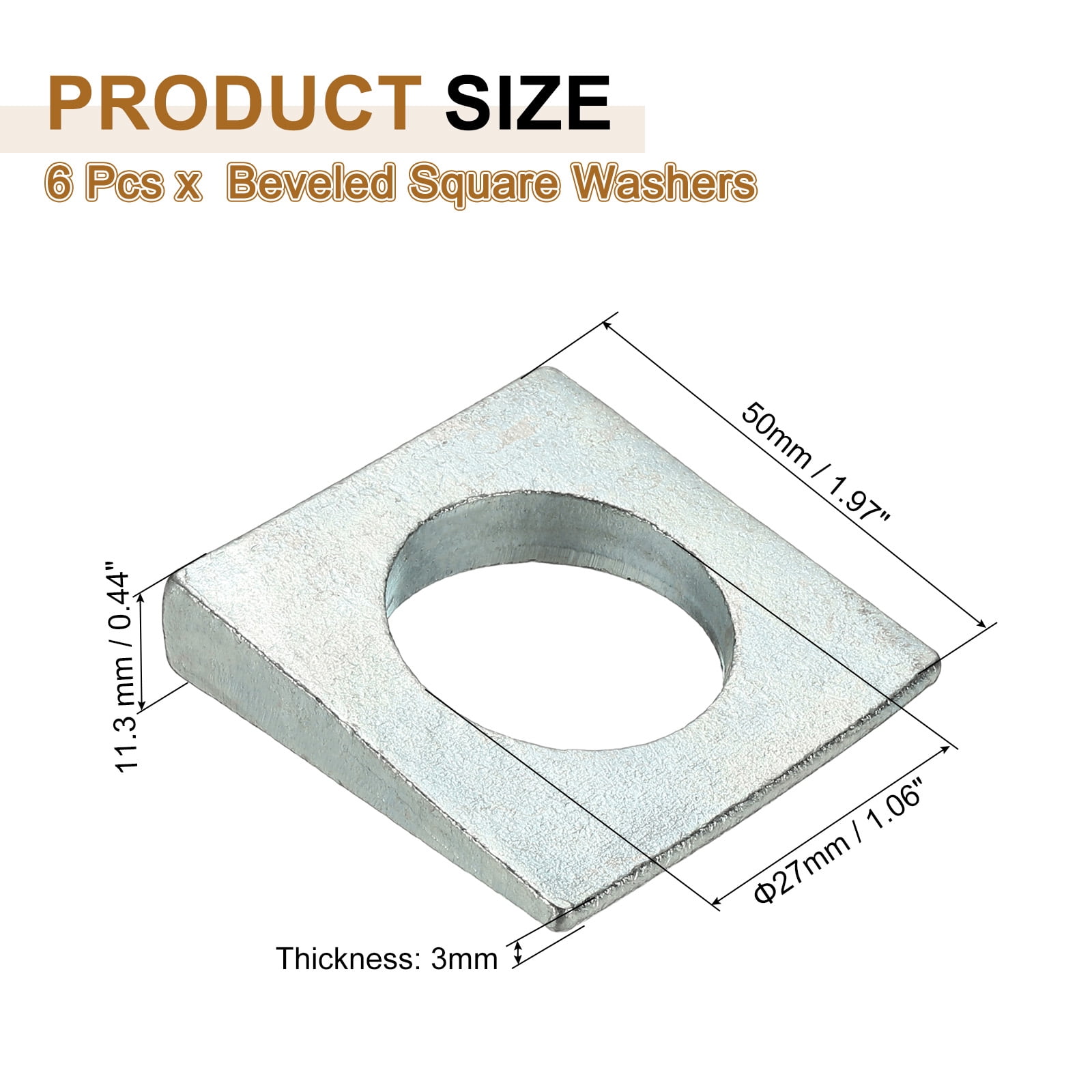 6pcs Beveled Square Washers, M27x50mm Square Beveled Washers Bearing Strut Plate Flat Pad Spacer Carbon Steel for 27mm Bolts Wedge Shim Leveling Fastener Nut Bolt Gasket, Silver