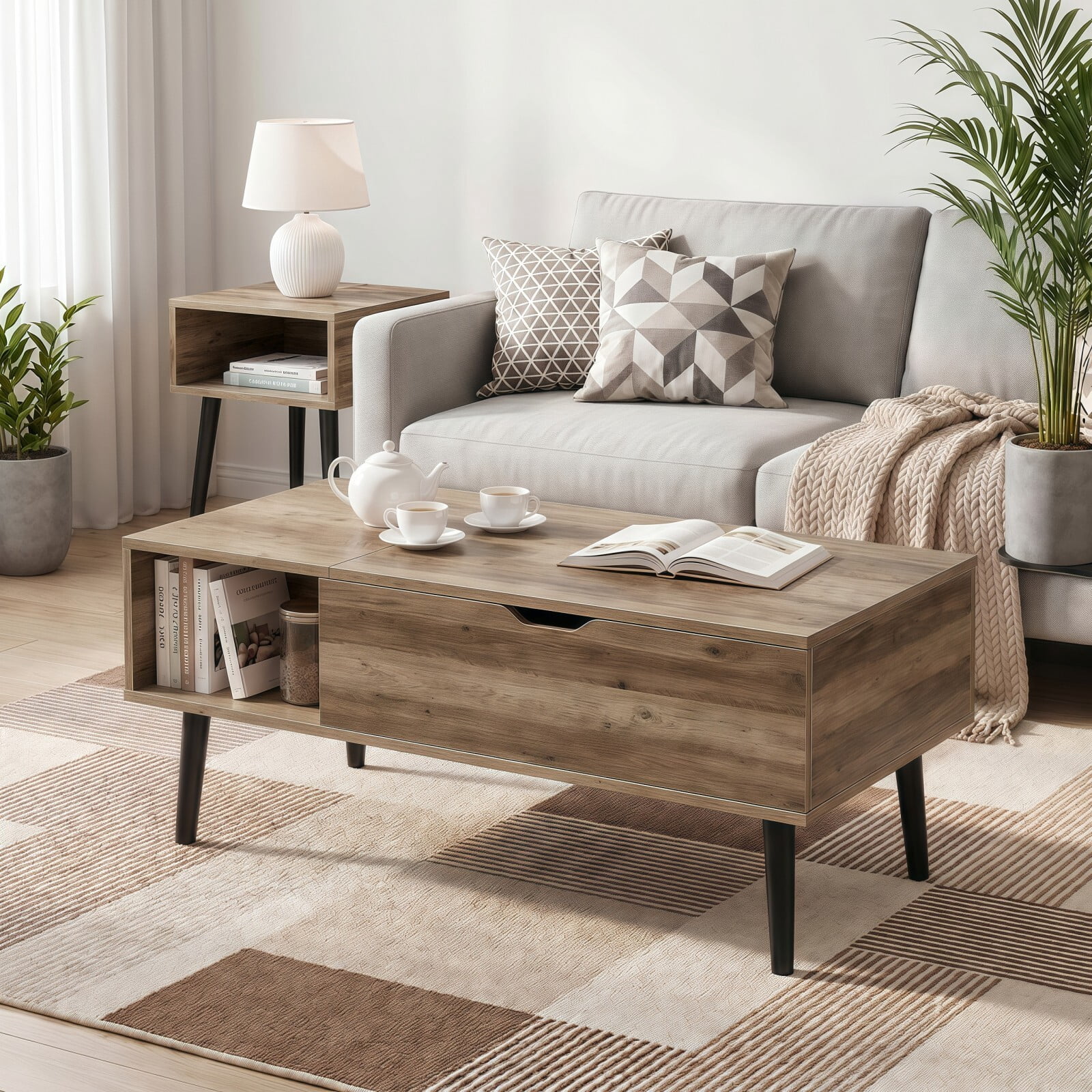 Kelno Lift Top Coffee Table with Hidden Compartment and Storage Shelves Wood Dining Center Table, Gray