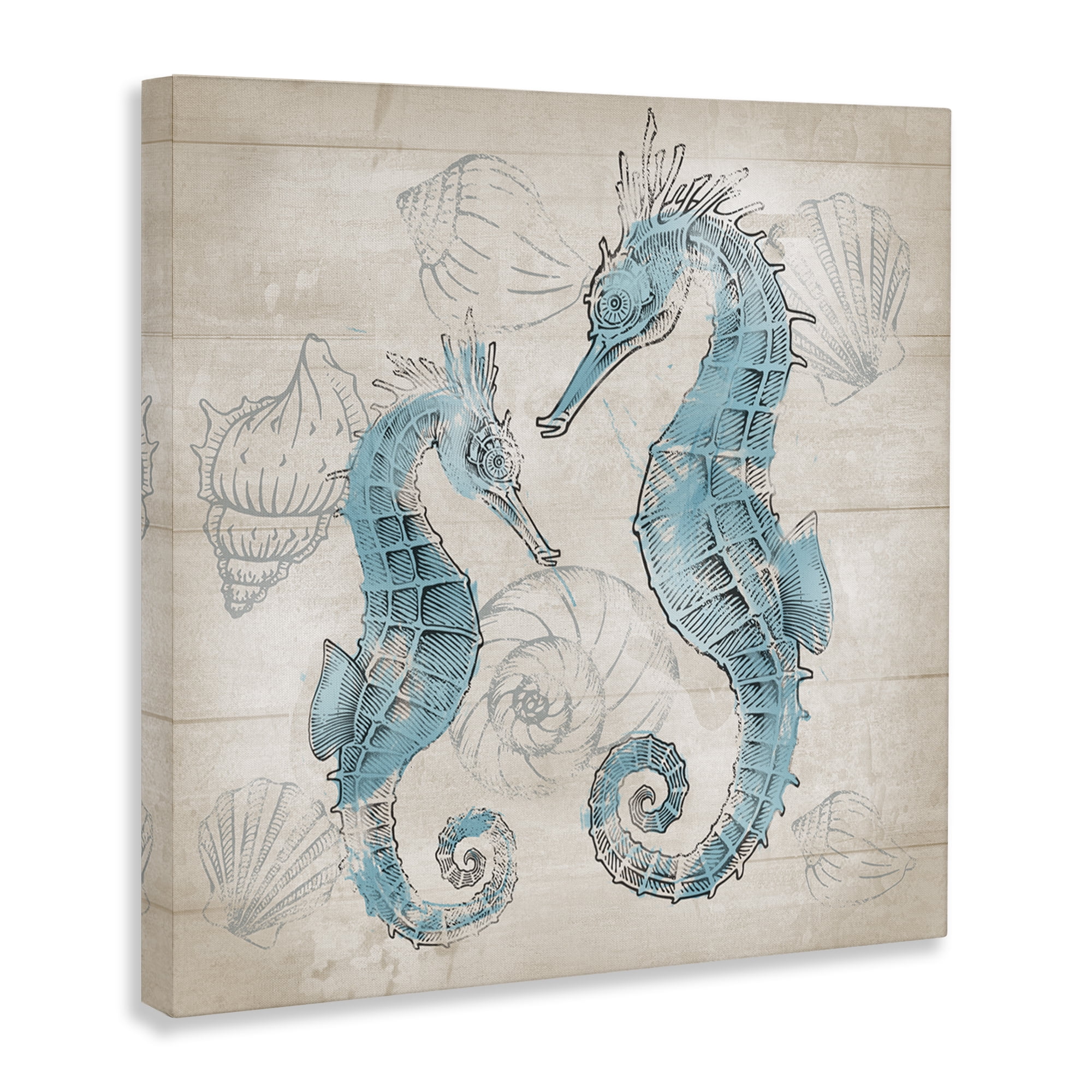 Stupell Industries Blue Seahorses on Rustic Animals Painting Wrapped Canvas Art Print Wall Art, 30 x 30