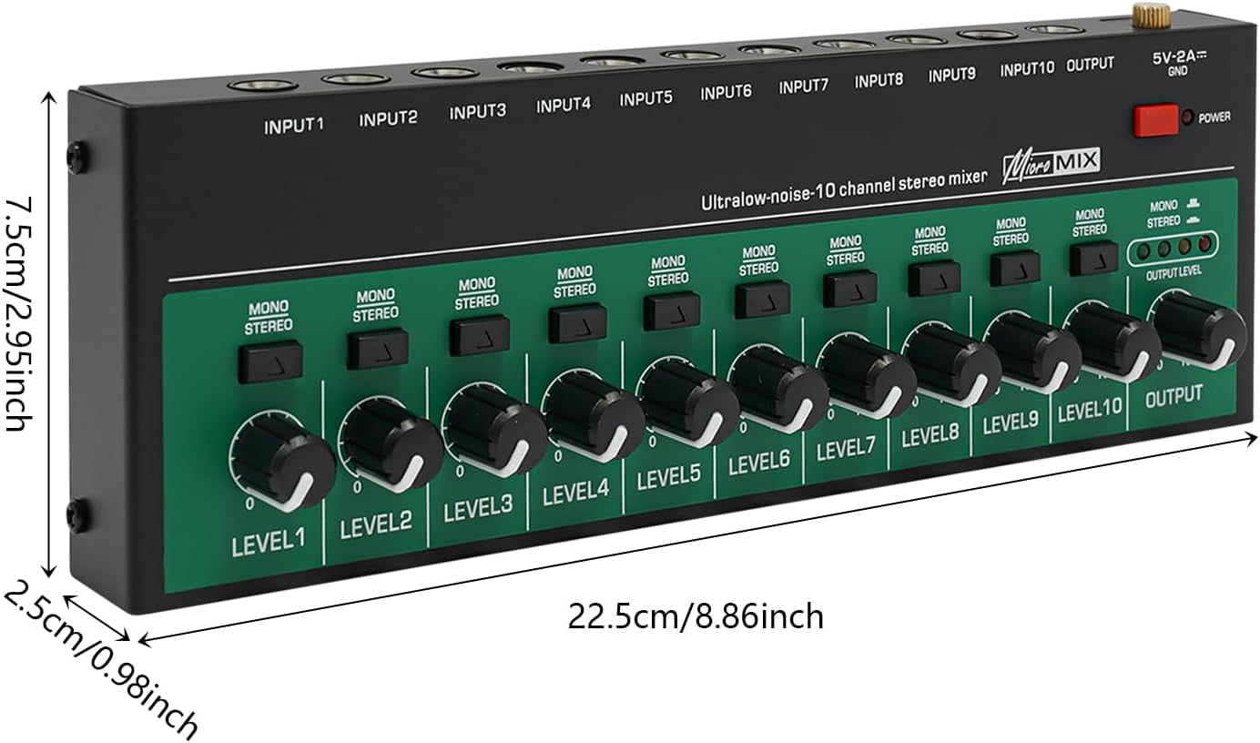 10 Channel Audio Mixer, Mini Music Mixer, DJ Mixers Stereo Mono Switching High Compatibility for KTV Private Rooms Recording Studios