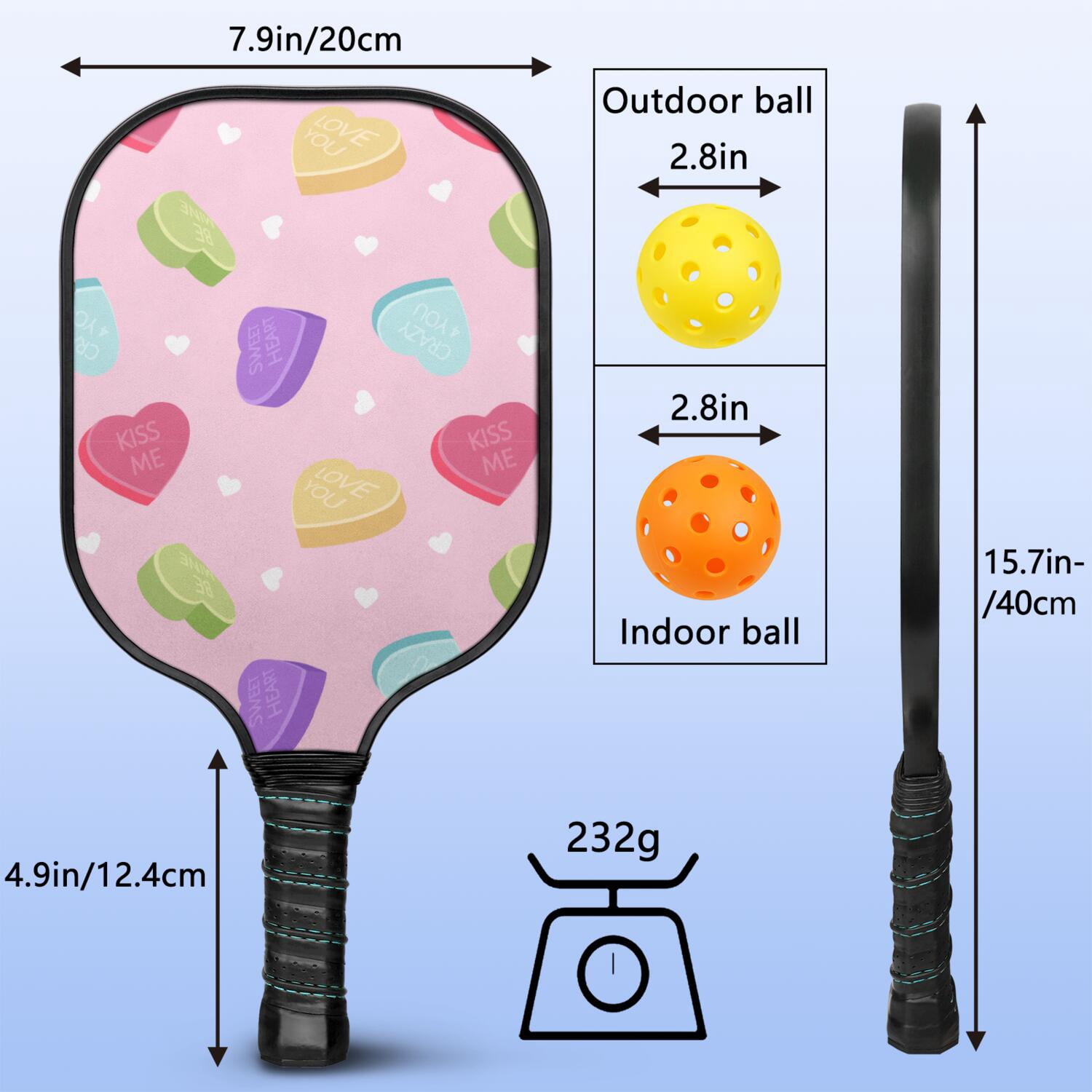 Pickleball Paddles Set Of 1, Fiberglass Surface, Sweet Candy Print, 1 Paddle, 2 Balls & Bag