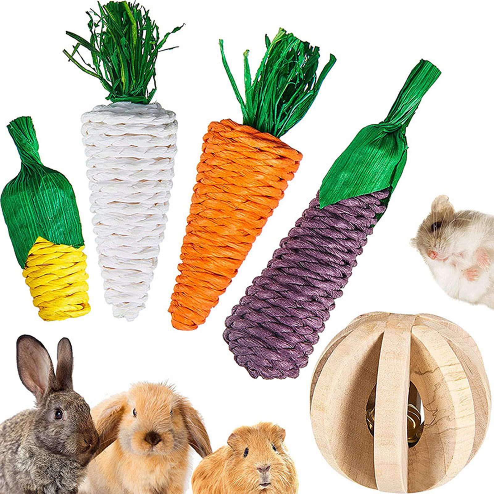 DOPI 5Pcs/Set Molar Toy Safe Eye-catching Wood Pet Hamster Toy Set for Small Animals