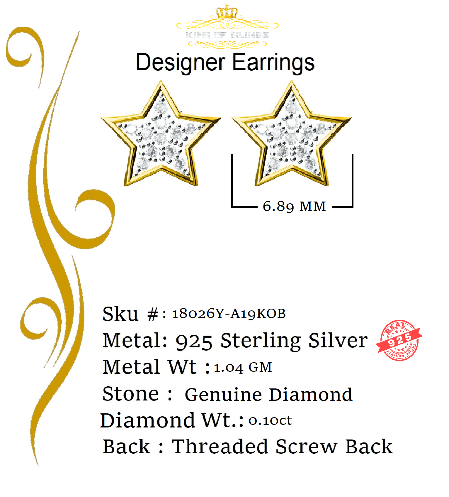 King of Bling's 925 Sterling Silver 0.10ct Diamond For Women's/ Men's Yellow Stud Star Earrings