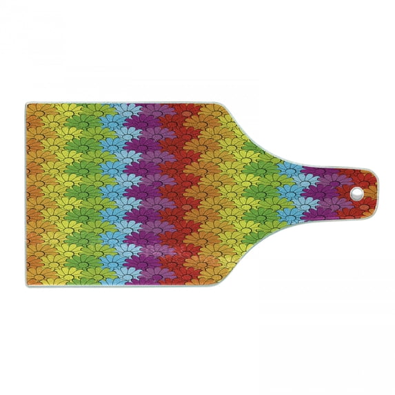 Floral Cutting Board, Vibrant Flowers in Rainbow Colors Striped Repeating Pattern Energetic Composition, Tempered Glass Cutting and Serving Board, Wine Bottle Shape, Multicolor, by Ambesonne