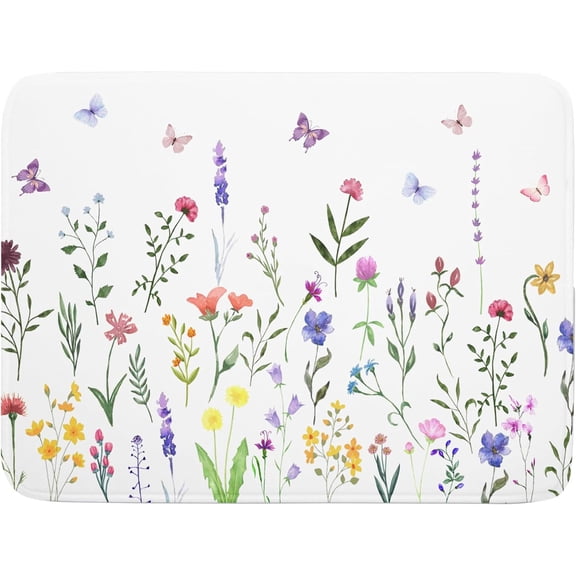 Watercolor Floral Dish Drying Mat for Kitchen Counter 18x24 Inch Spring Summer Wild Flower Butterfly Absorbent Reversible Microfiber Dish Drainer Rack Mats Countertops Protector Mat
