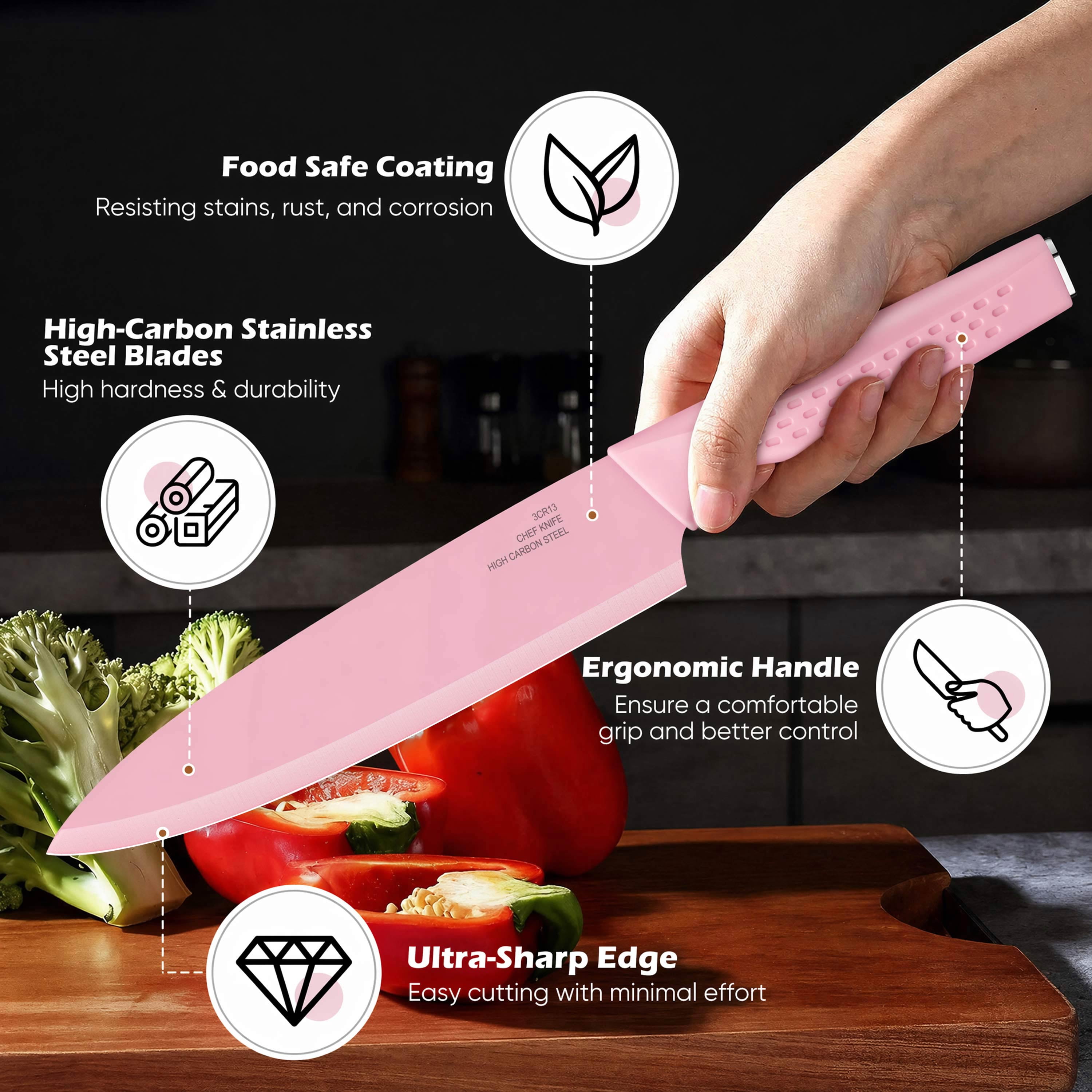 Vesteel Knife Block Set for Kitchen, 15-Piece High Carbon Stainless Steel Knives Set with Ergonomic Handle, Ultra-sharp & Rust Resistant, Pink