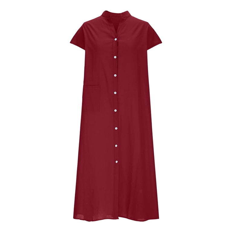 Npasoilc Summer Cotton Linen Chemise Dresses for Women Stand Collar Button Down Midi Dresses Soft Breathable Draped Long Shirt Dress Casual Loose