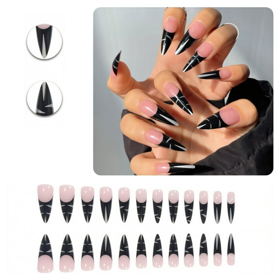 RAGUPEL 24Pcs Glue on Nails for Women,Hand-Drawn Lines Stiletto Press on Nails,Glossy Design Long Nails,Fake Nails with Designs for Daily Life,Photo Shoots,Dating and Gatherings,Style1