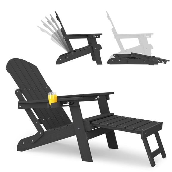 WINSOON Folding Adirondack Chair Five-Gear Adjustable Backrest, Adirondack Retractable Ottoman, Weather Resistant with Cup-Holder for Outdoor, Fire Pit, Patio, Garden, Lawn, 380lbs(Black)