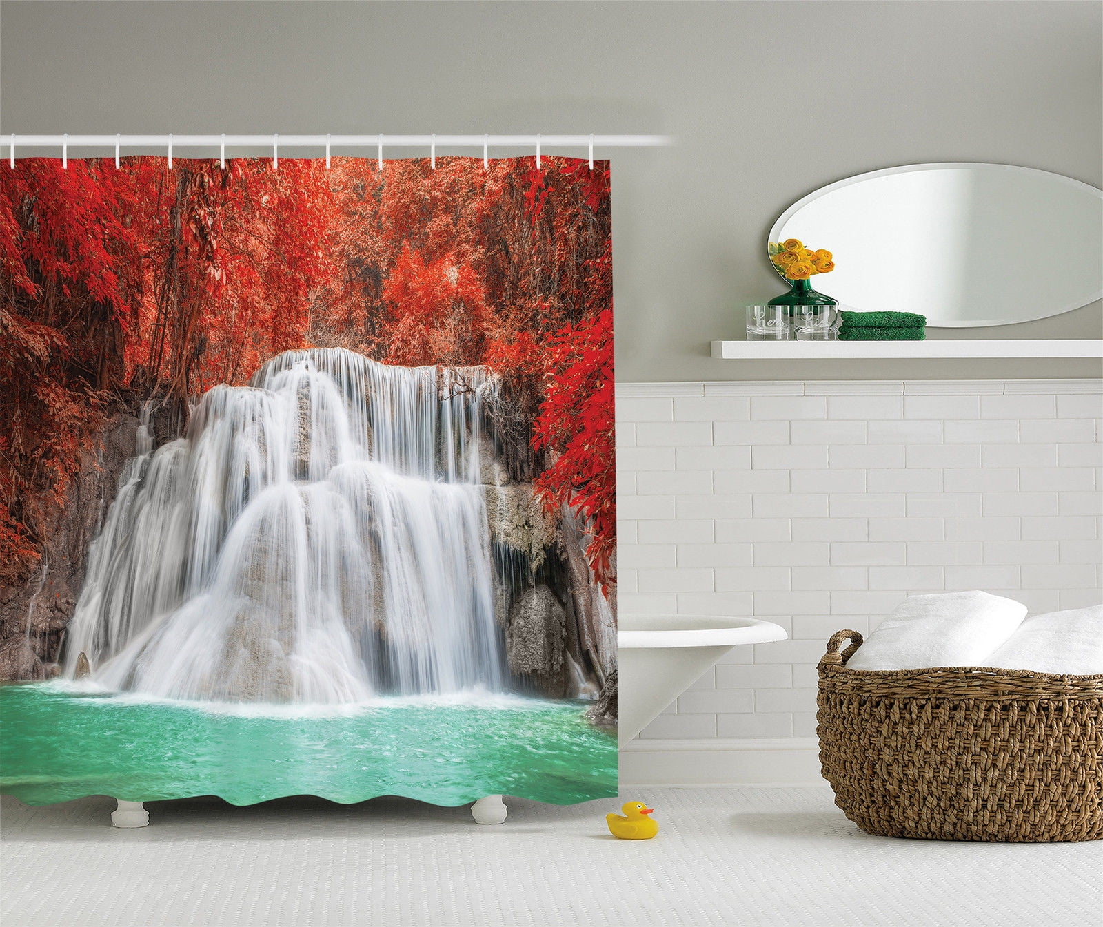 Waterfall Spring Leaves Nature Panoramic Scenery View Shower Curtain