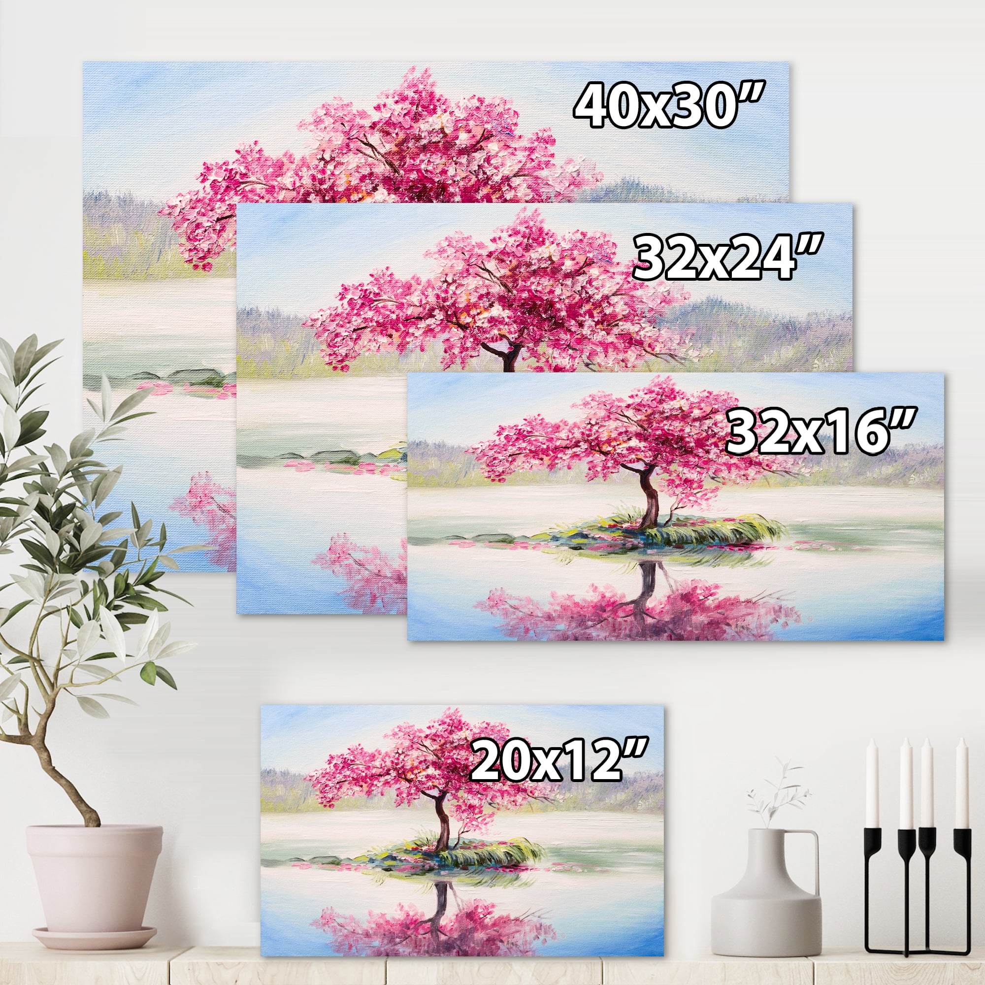 Designart ' Oriental Cherry Pink Tree Sakura On The Lake ' Lake House Canvas Wall Art Print