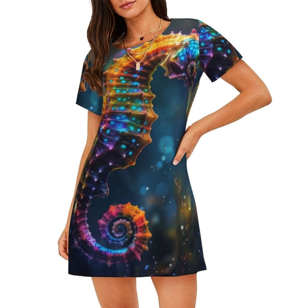 Balery Neon Seahorse Underwater Realm Camisón de manga corta con cuello redondo para mujer, cómodo y elegante.
