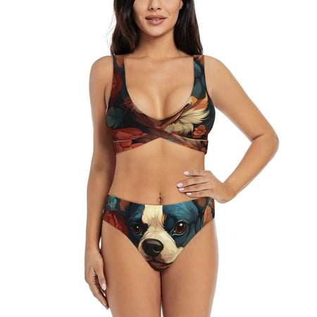Zeuib Vintage Colorful Flower French Bulldog High Waisted Tummy Control Bikini Set - Knot Front Push Up Top & Cheeky Thong Bottom  Two-Piece Swimsuit for Women-Medium