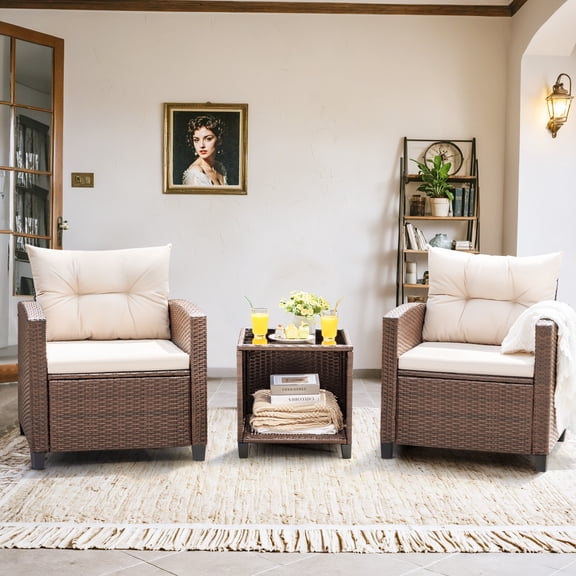 Devoko Outdoor Furniture Sets 3 Pieces Patio Bistro Set, Rattan Patio Conversation Chair Set with Cushion and Coffee Table, Beige