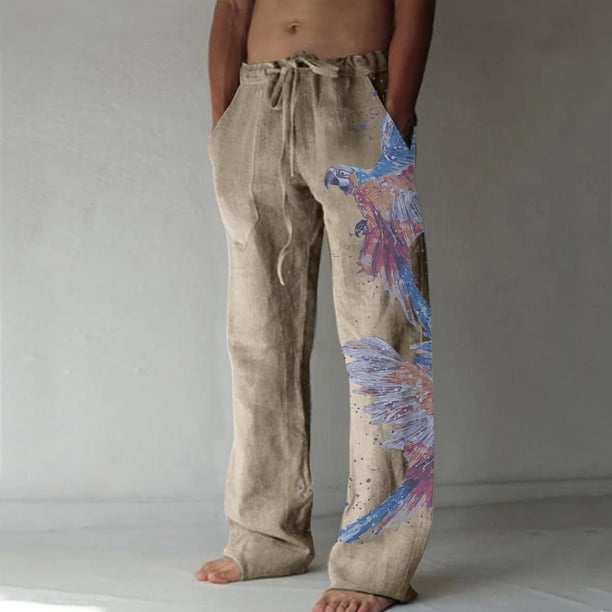 Pantalones largos de verano para hombre, de algodón y pierna ancha, deportivos con cordones estampados, informales