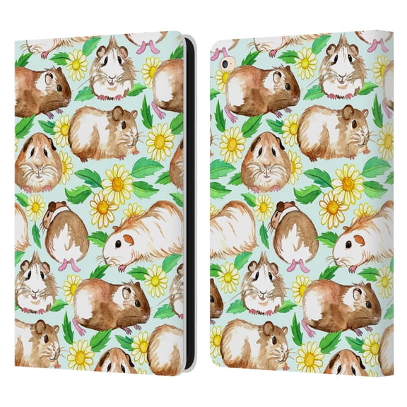 Micklyn Le Feuvre Patterns 2 Guinea Pigs And Daisies In Watercolour On Mint Leather Book Wallet Case Cover Compatible with Apple iPad Air 2 (2014)