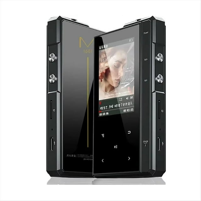 reproductor de música mp3 portátil m1601 con bluetooth, micrófono integrado, altavoz y repetidor, pantalla de 2,4 pulgadas (320 x 240), 1500 mah. Vista frontal inclinada del Moonlight Treasure Box M160 en color morado con carcasa metálica; pantalla TFT de 2.4" (320x240) mostrando carátula, botones físicos laterales para volumen y navegación, puerto micro‑USB y ranura de tarjeta visibles, y panel táctil inferior con controles de reproducción. Compatible con MP3/FLAC/APE/AAC/WAV, radio FM y batería de 1500 mAh con hasta 90 horas de reproducción. Suele usarse también como altavoz portátil compacto para viajes.