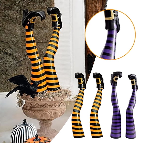 Halloween Evil Witch Legs Props Upside Down Wizard Feet with Boot Stake Garden Courtyard Ornament Decoration,Halloween Decorations,Purple Black Stripe