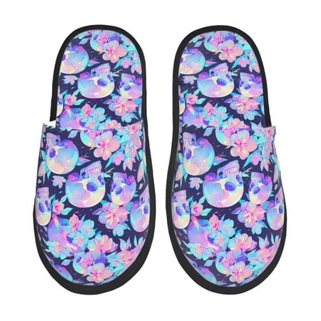 Balery pinkk flower crystal Skull Slient Indoor Furry Fleece Comfort House Shoes Soft Non-Slip Home Shoes Cotton slippers House Slippers-- Large