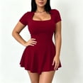 thumbnail image 2 of Fwqbns Women's A-Line Mini Dress Casual Sexy Square Neck Short Sleeve Ruched Tiered Ruffle Hem Flowy Club Party Dress Red, 2 of 7