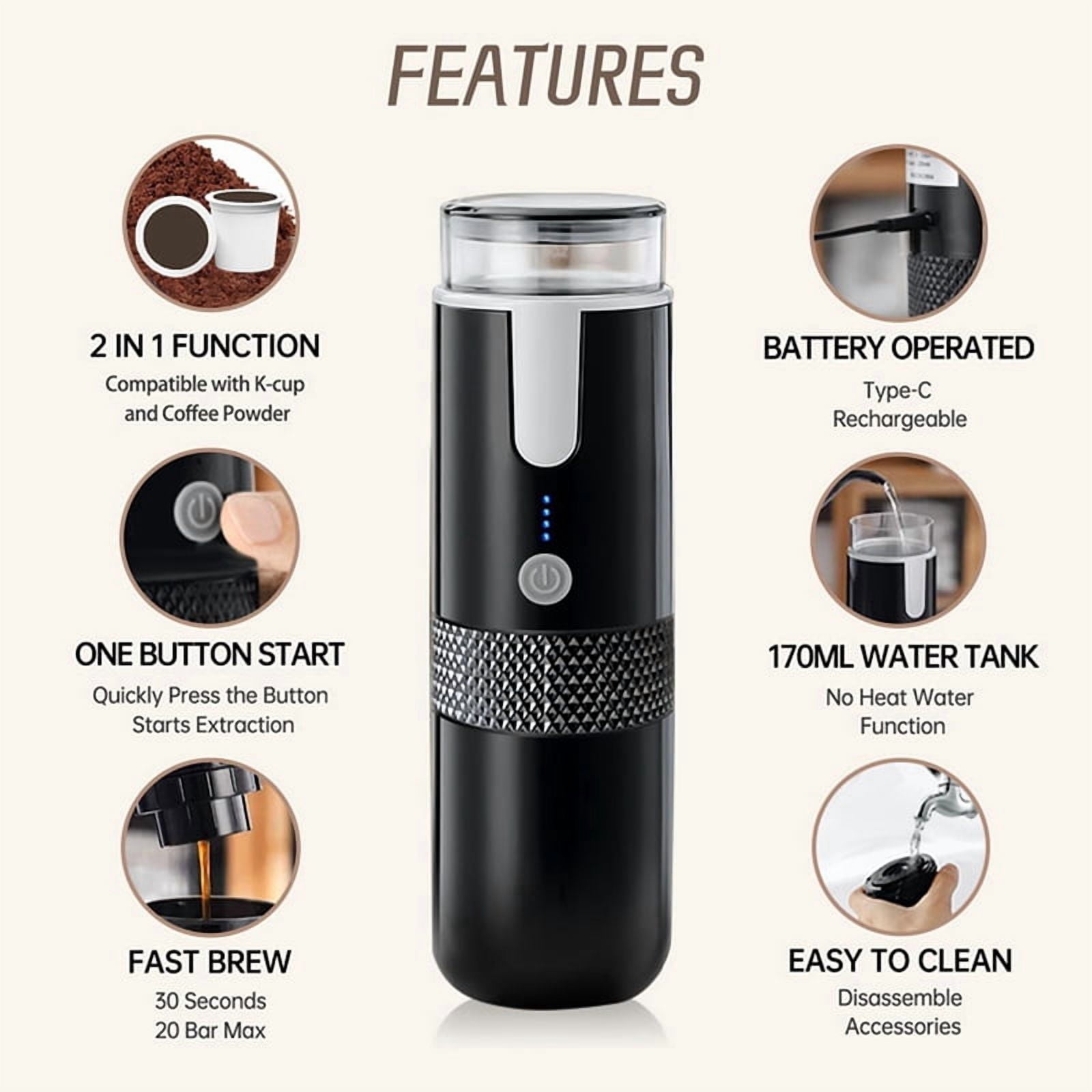 2X Portable Espresso Maker, Electric Travel Coffee Machine for Travel Camping Fit Coffee Powder & Coffee Capsule