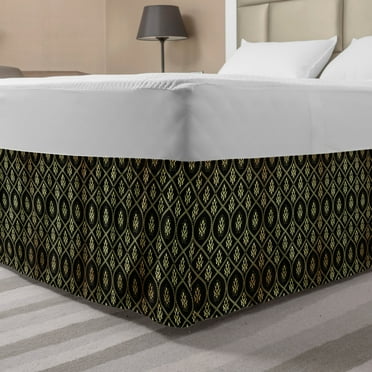 Abstract Bed Skirt, Damask Style Arranged Ornaments Bicolored Illustration Print, Elastic Bedskirt Dust Ruffle Wrap Around for Bedding Decor, 4 Sizes, Charcoal Grey and Pastel Yellow, by Ambesonne
