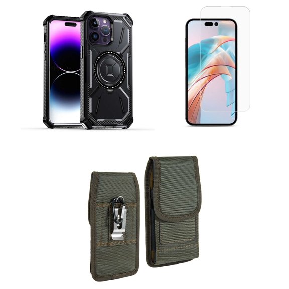Bemz Rugged Case for iPhone 15 Pro - Tough Magnetic Ring Stand Charger Cover with Glass Screen Protector and Vertical Rugged Nylon Belt Holster Pouch (Black/Forest Green)
