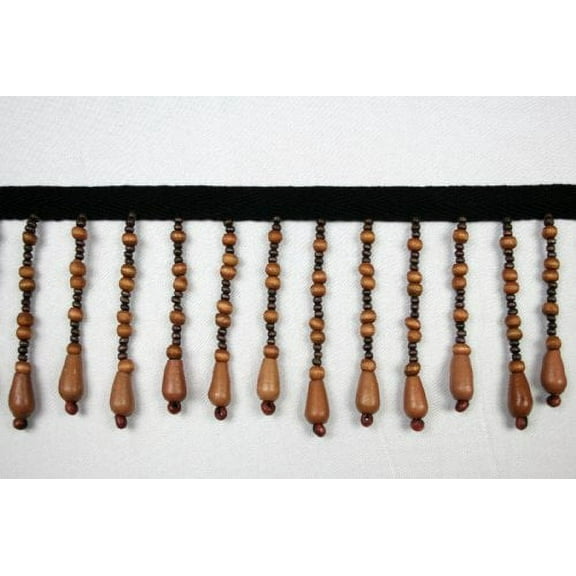 Altotux Beaded Fringe Trim 2-3/4" Wooden Tear Shape Beads with 3/8" Ribbon By yd