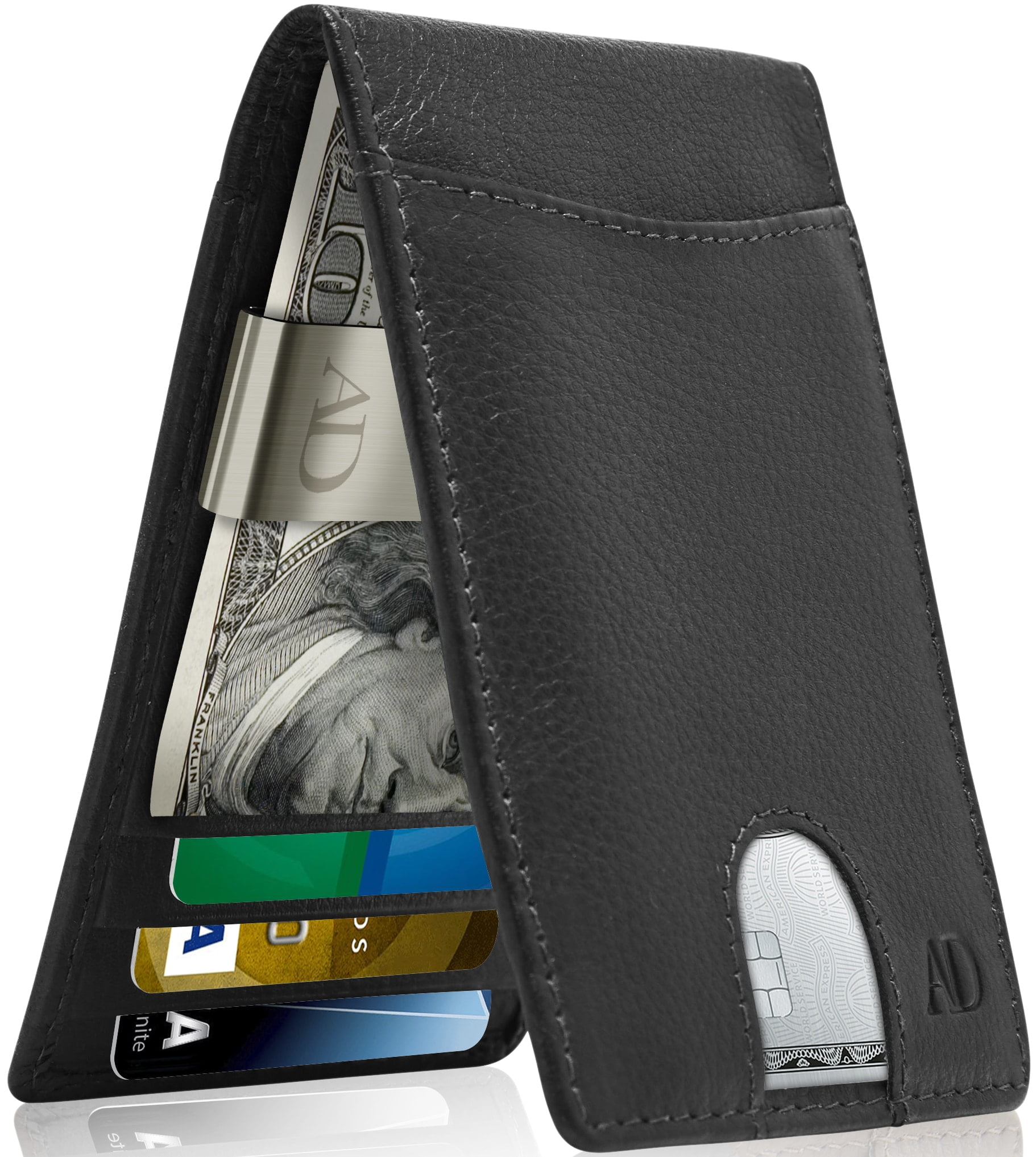 Money Clip Leather Wallet For Men Slim Pocket RFID Blocking Card Holder Black 