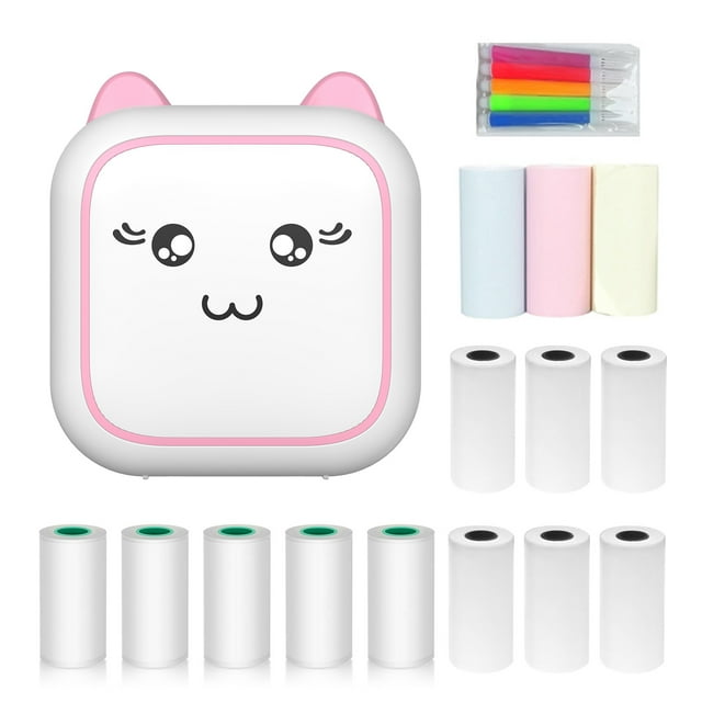 TFixol Pink C25 Mini Thermal Printer with 200dpi Resolution, Bluetooth/USB Connectivity, 800mAh Battery, Includes 6 Thermal Rolls, 5 Adhesive Rolls, 3 Color Rolls, and 5 Markers