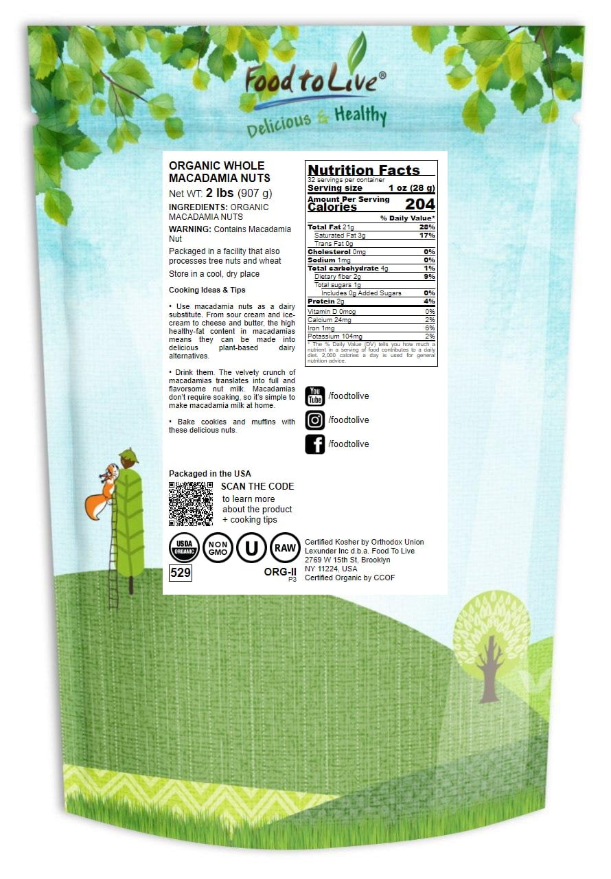 Food to Live, Organic Whole Macadamia Nuts, 2 Pounds, Non-GMO, Kosher