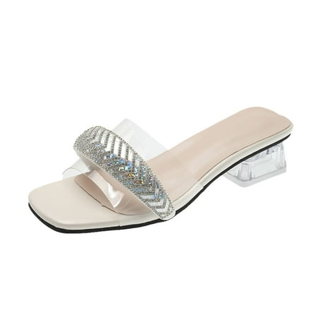 

Cathalem Ladies Fashion Transparent Rhinestone Square Toe Open Toe Thick Heel Slippers Beige 38