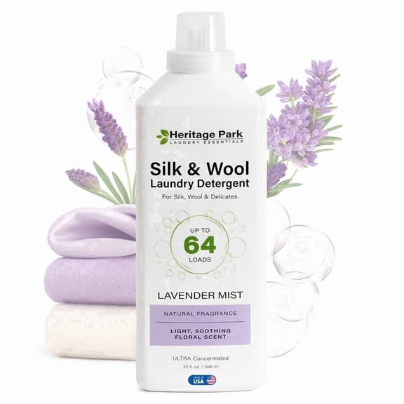 Heritage Park Silk & Wool All-Natural Lavender Mist Scent, pH-Neutral Laundry Detergent - Enzyme-Free, Concentrated Up to 64 loads (32 fl oz)