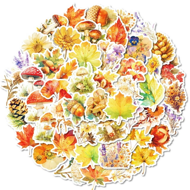 Calcomanías de vinilo de otoño dibujadas a mano con forma de hoja de otoño, 50 unidades
