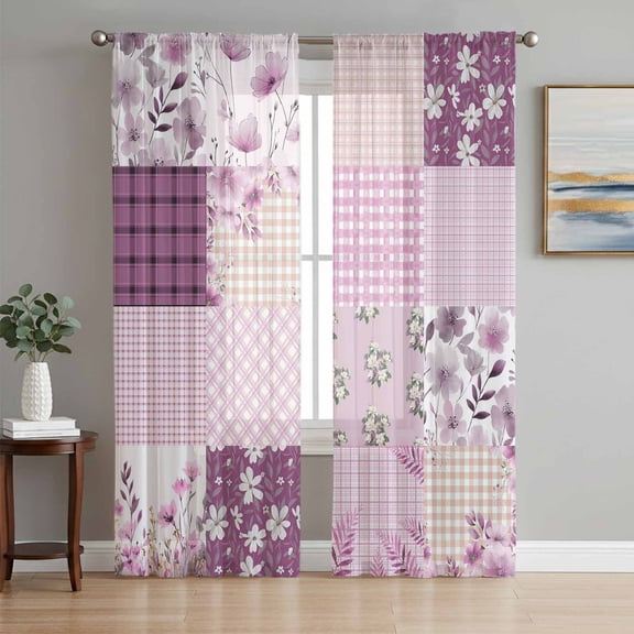 Boho Purple Flowers Sheer Curtains 96 Inch Length 2 Panels Set Window Treatments, Spring Floral Botanical Patchwork Vintage Rod Pocket Semi Curtains for Living Room/Bedroom/Kitchen, 104"W x 96"L