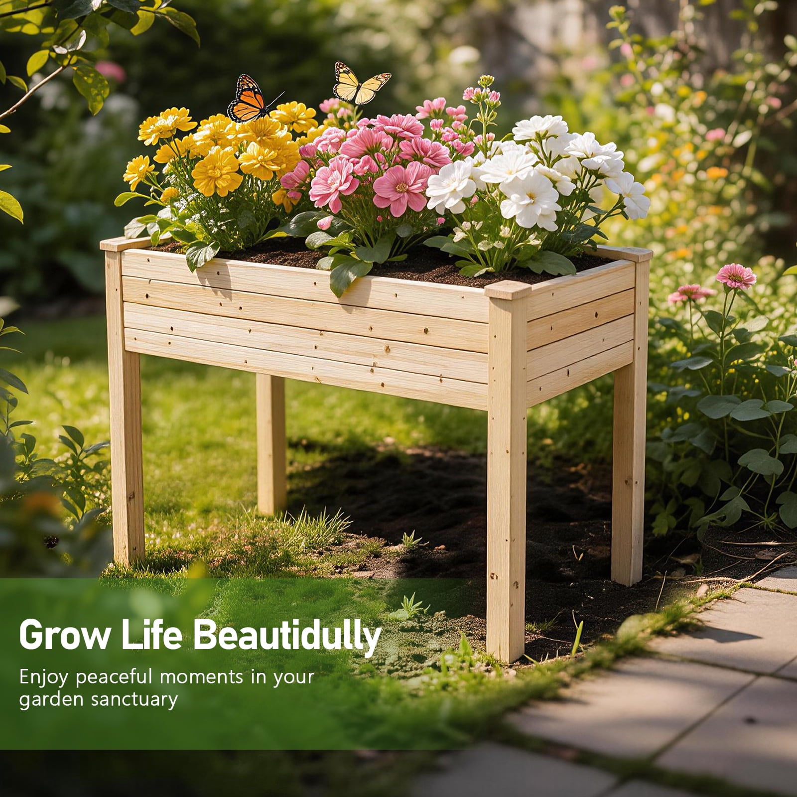 Ktaxon Wooden Raised Garden Bed, Elevated Planter Box Stand for Vegetables & Flowers, Burlywood
