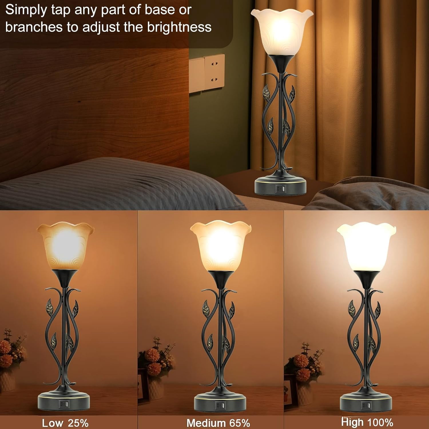Table Lamp,Bedside Lamps Set of 2, Table Lamp with USB Port 3 Way Dimmable Touch lamp Torchiere Nightstand Lamps with Rustic Vines Leaf and Glass Flower Shade lamp for Bedroom, Living Room, Office