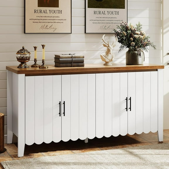 ONBRILL 63 Inch Sideboard Buffet Cabinet with Storage, Farmhouse Buffet Cabinet with Adjustable Shelves, Sideboard Cabinets with 4 Wave Panel Doors for Living Room, Kitchen, White & Walnut