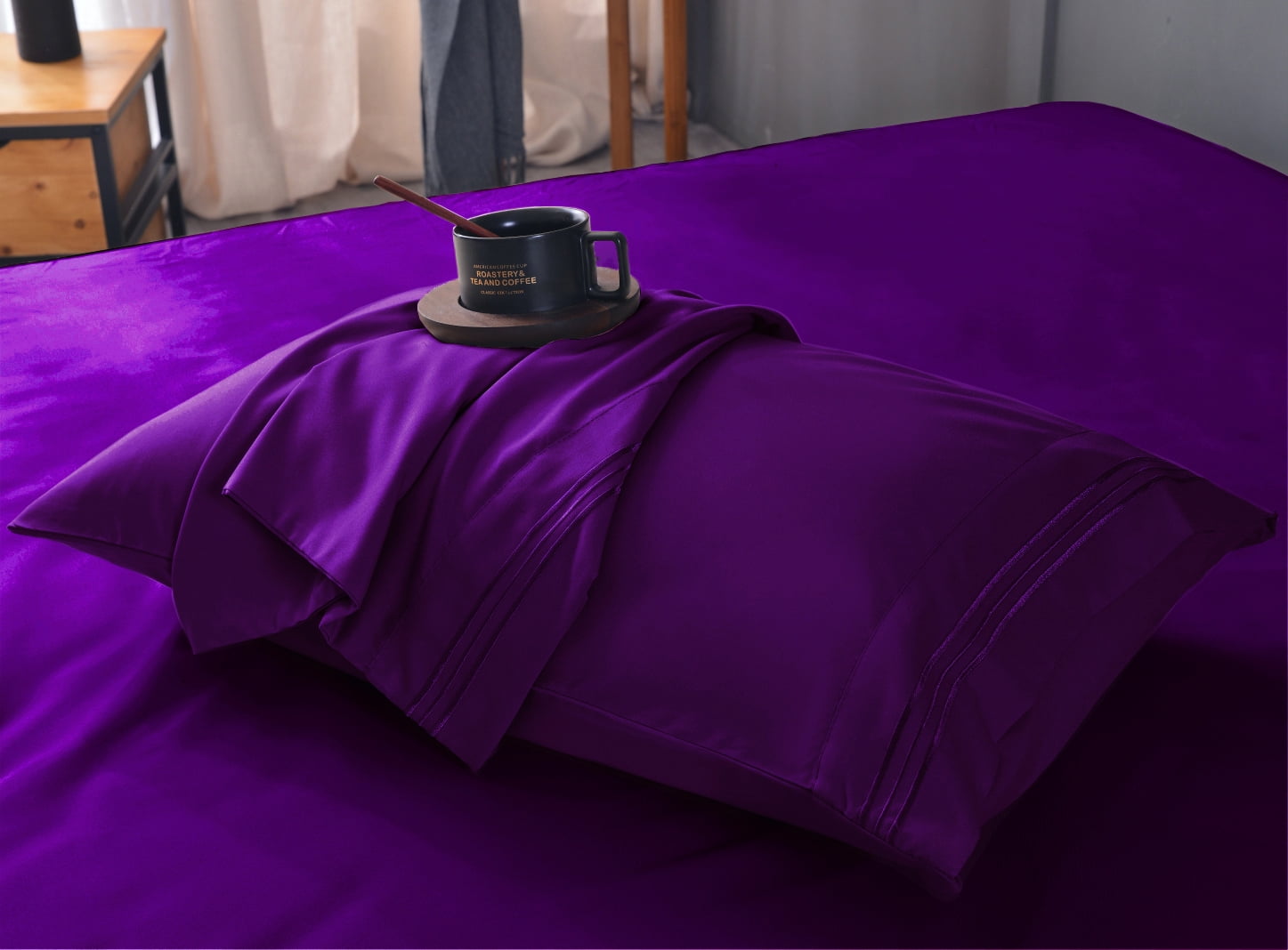 6 Piece Derived Rayon Bamboo Sheets,Bamboo Sheet Set-Deep Pockets,Moisture Wicking, Softer Than Cotton-1 Fitted Sheet,1 Flat,4 Pillowcases-Queen Size-Purple