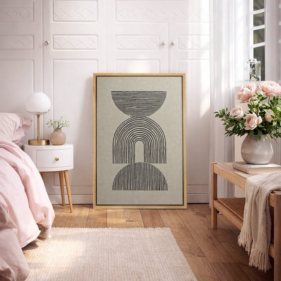 Framed Canvas Wall Art Neutral Geometric Abstract Line Print for Living Room Decoration - 16"x24" NATURAL