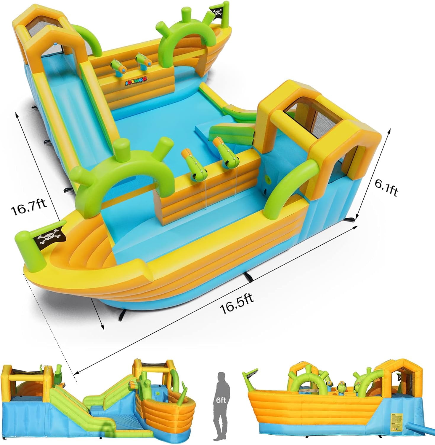 JOYMOR Inflatable Bounce House with 2 Pirate-Boat Water Slide Bounce House，4 Water Cannons, Air Blower, Up to 6 Kids