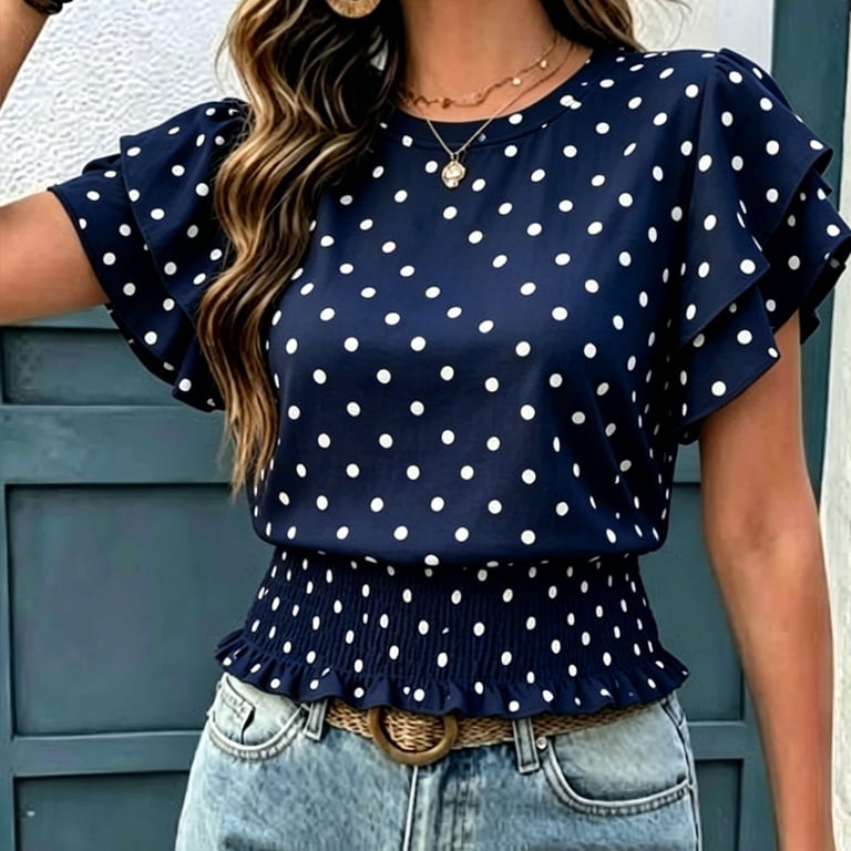 Women's Cute Double Ruffle Sleeve Polka Dot Top Round Neck Elastic