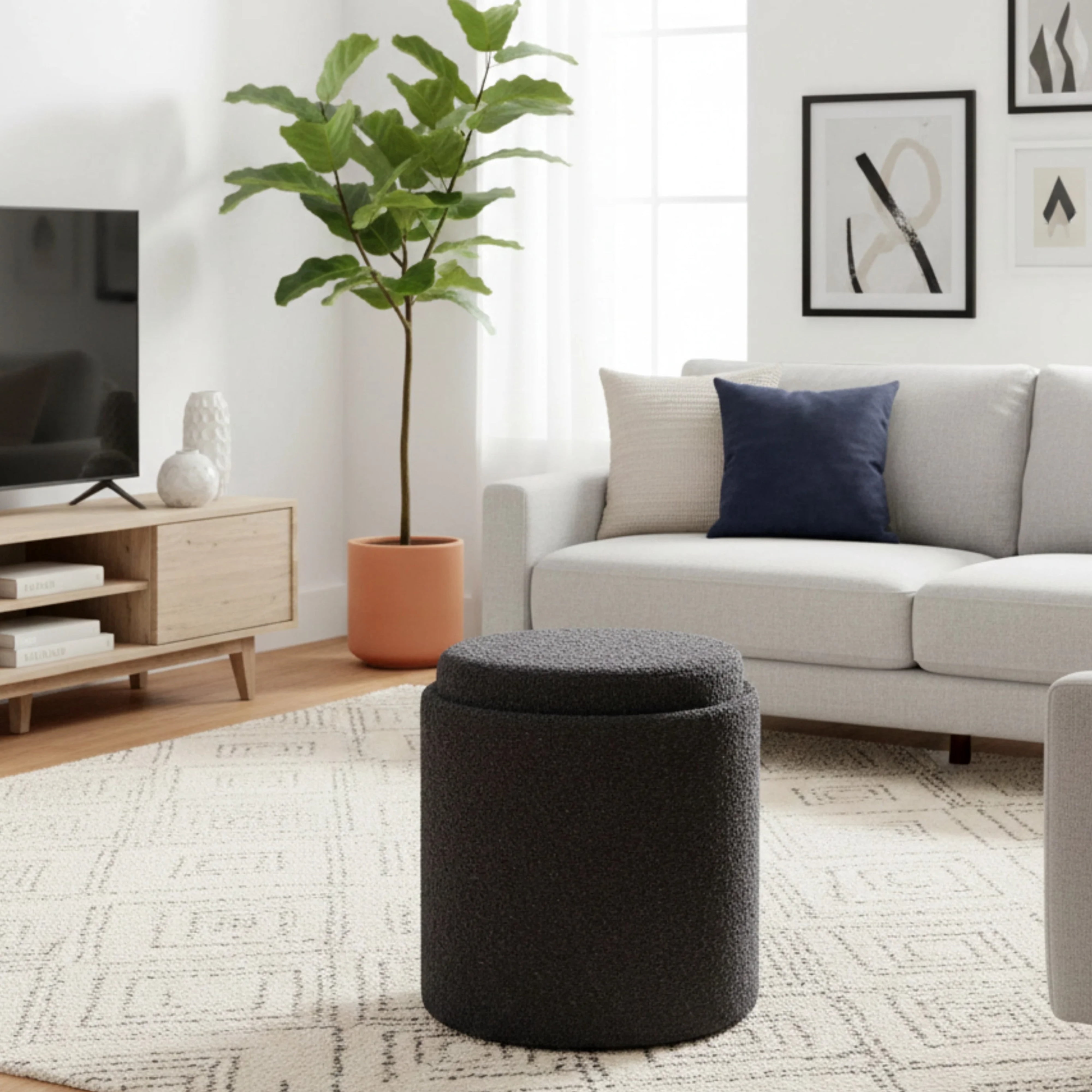 Aria Home Boucle Storage Ottoman Tufted Seating Accent 17" Round, Black