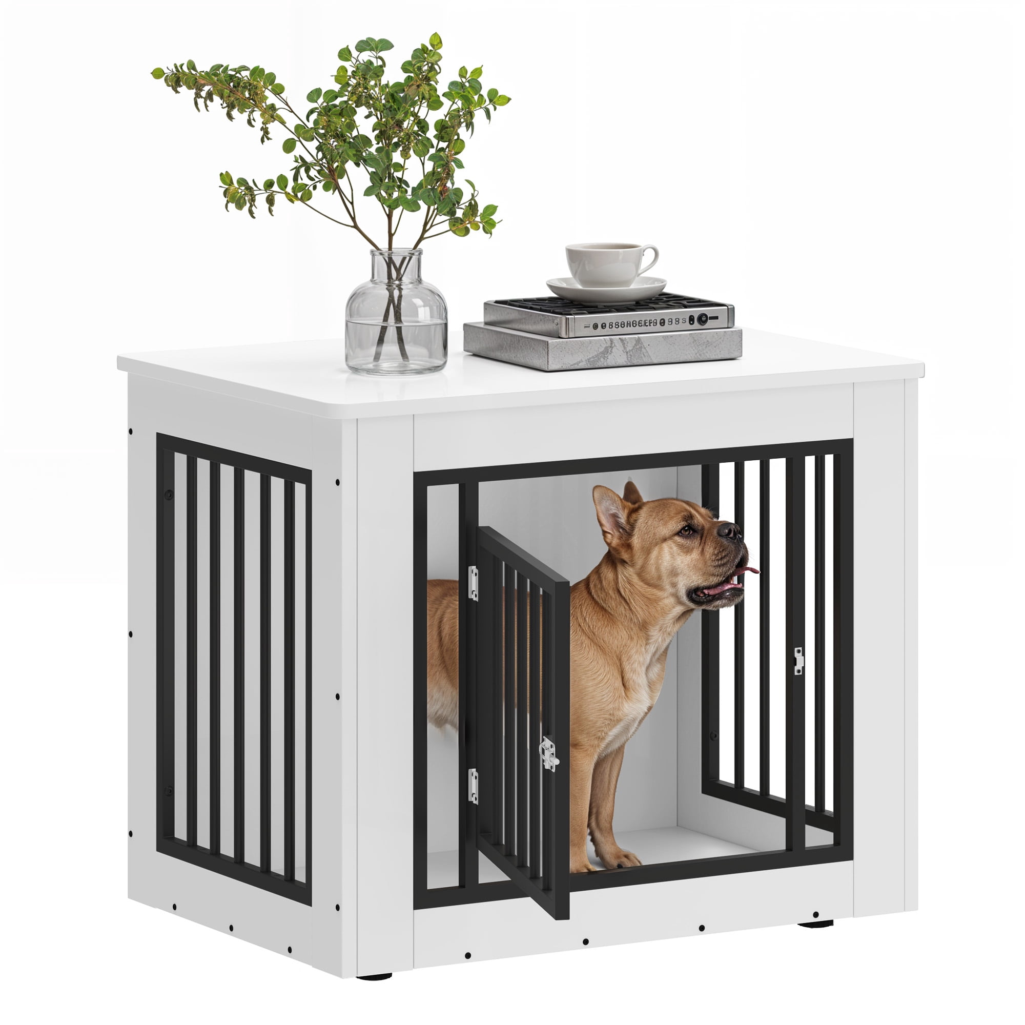 Uforic 30.1" Dog Crate Furniture, 2-in-1 Iron-Wood Indoor Dog Cage with Lockable Door, Safety Corners, and Waterproof Top, White